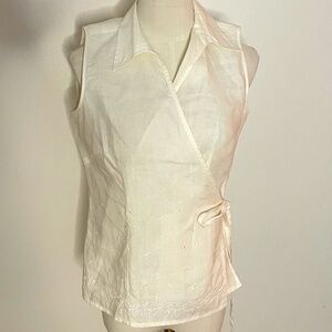 Edward Irish Linen Crossover Sleeveless Blouse in Ivory Size Small